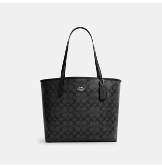City Tote In Signature Canvas - Sv/Graphite Black