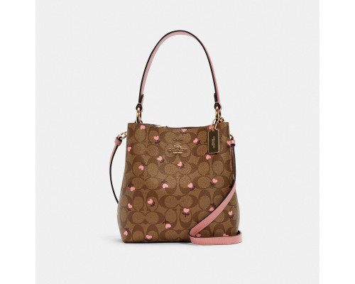 Coach Small Town Bucket Bag In Signature Canvas With Heart Floral Print Im Khaki Red Multi Wine