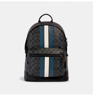 West Backpack In Signature Canvas With Varsity Stripe - Gunmetal/Charcoal/Denim/Chalk