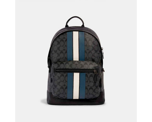Coach West Backpack In Signature Canvas With Varsity Stripe - Gunmetal/Charcoal/Denim/Chalk Coach West Backpack In Signature Canvas With Varsity Stripe - Gunmetal/Charcoal/Denim/Chalk