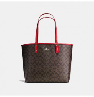 Reversible City Tote In Signature Canvas - Brown/Watermelon