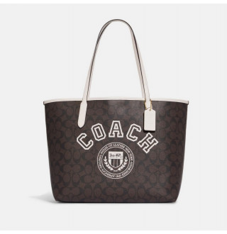 City Tote In Signature Canvas With Varsity Motif - Brown/Chalk Multi