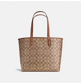 Reversible City Tote In Signature Canvas - Khaki/Saddle