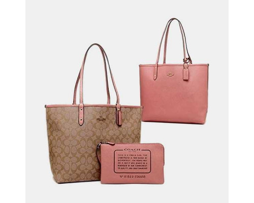 Coach Reversible City Tote In Signature Canvas - Khaki/Peony Coach Reversible City Tote In Signature Canvas - Khaki/Peony