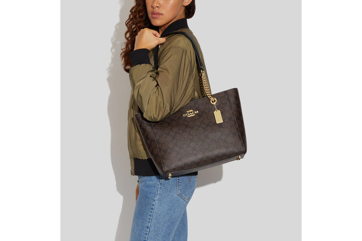 Coach Ava Chain Tote Signature Brown Black Averand Gold Brown Black